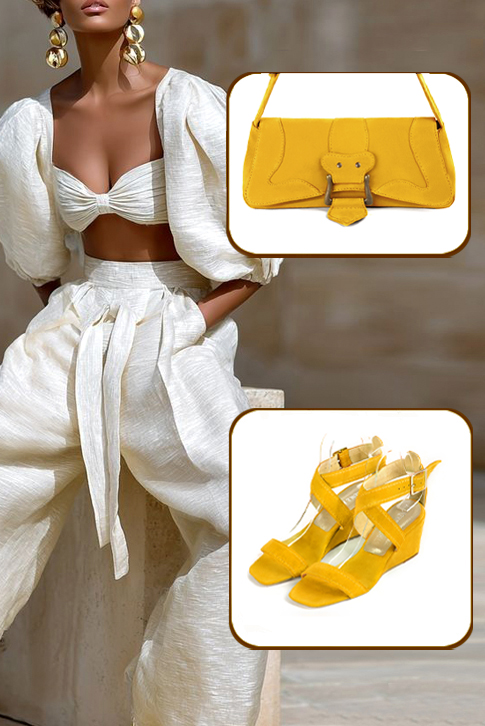 Women's yellow elegant fully open cross straps sandals. Square toe. Medium wedge heels - Top view